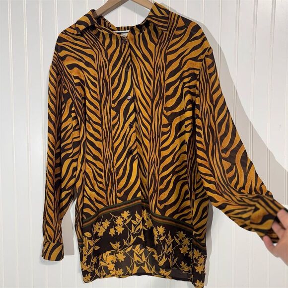 Vintage Gantos Animal Print Blouse Medium Zebra Tiger Floral Button Down 90s - Picture 2 of 8